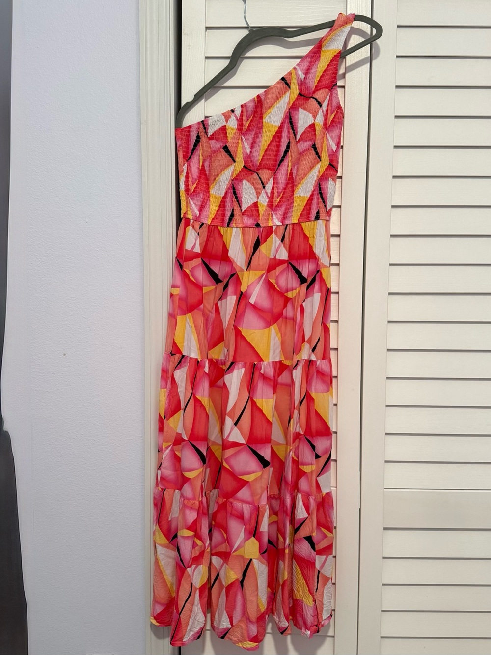 One-Shoulder Pink Yellow Printed Maxi Dress, Boho, Flowy, Vacation, Geometric